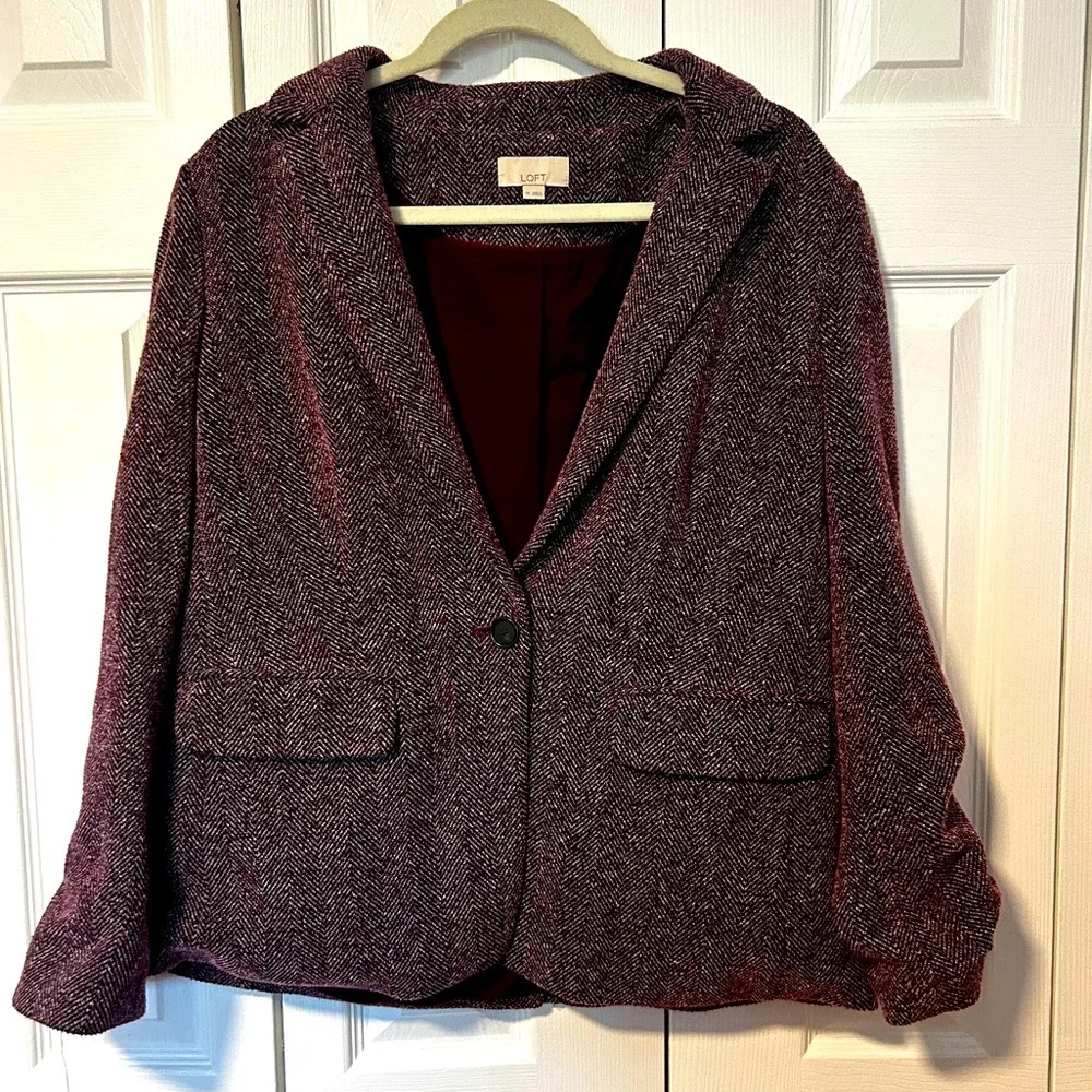 LOFT Burgundy Herringbone Blazer Size 14 Wool Blend